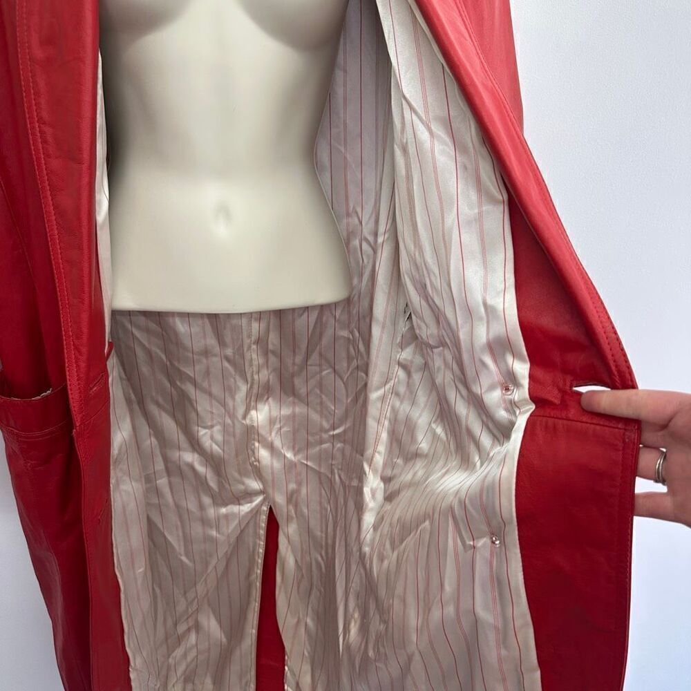 Wilsons Leather Women’s Bright Red Vintage 80s Double Breasted Leather Trench Co - Picture 15 of 16